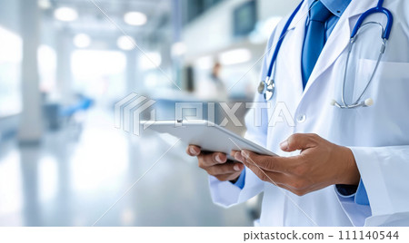 Doctor in hospital with patients charts. Making diagnosis and checking status and blood results Doctor in hospital with patients charts. Making diagnosis and checking status and blood results 111140544