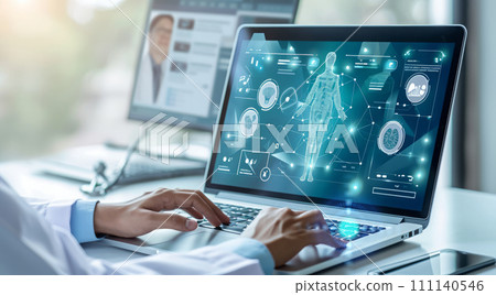 Telemedicine doctor inspecting patients health complaints about health over the internet webcam Telemedicine doctor inspecting patients health complaints about health over the internet webcam 111140546