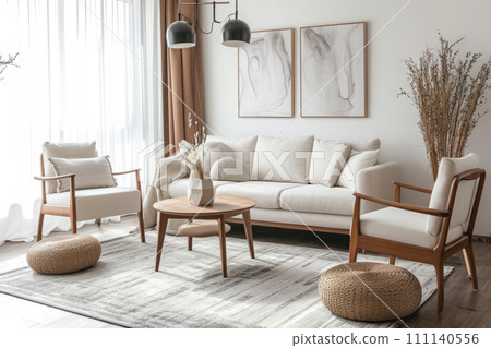 Condo apartment interior furnished in Scandinavian style in upscale neighborhood Condo apartment interior furnished in Scandinavian style in upscale neighborhood 111140556