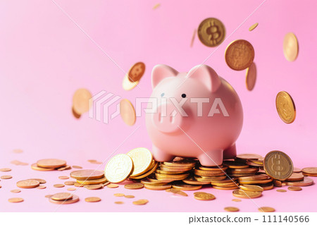 Concept of financial investment and saving money and bitcoins in piggy bank Concept of financial investment and saving money and bitcoins in piggy bank 111140566