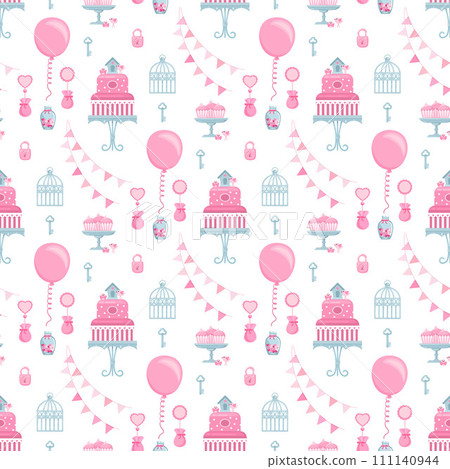 Seamless festive pattern with cake, balls, birds, triangle flags and decorative elements. Seamless festive pattern with cake, balls, birds, triangle flags and decorative elements. 111140944