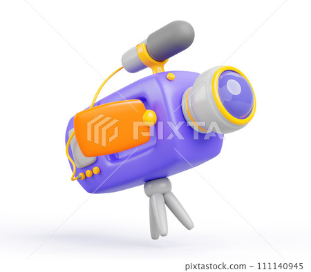 Video camera 3d render icon. TV camera with microphone on tripod, color camcorder for electronic news gathering. Cartoon professional studio equipment isolated on white background. 3D illustration 111140945
