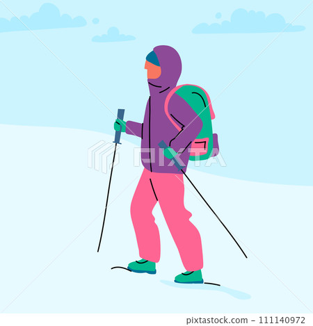 Cartoon Color Character Person Winter Hikes Alone Concept Wintertime Landscape Panorama Flat Design Style. Vector illustration Cartoon Color Character Person Winter Hikes Alone Concept Wintertime Landscape Panorama Flat Design Style. Vector illustration 111140972