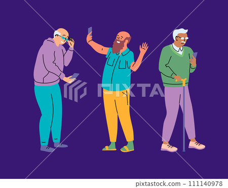 Cartoon Color Characters People Senior Using Smartphones Sending Messages and Taking Photos Concept Flat Design Style. Vector illustration 111140978