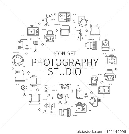 Photo and Photography Studio Round Design Template Thin Line Icon Banner for Promotion, Marketing and Advertisin. Vector illustration of Icons 111140996