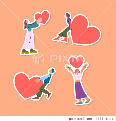 Cartoon Color Characters People Share Love Charity Sticker Support and Kindness Concept Flat Design Style. Vector illustration of Person Giving Heart Cartoon Color Characters People Share Love Charity Sticker Support and Kindness Concept Flat Design Style. Vector illustration of Person Giving Heart 111141005