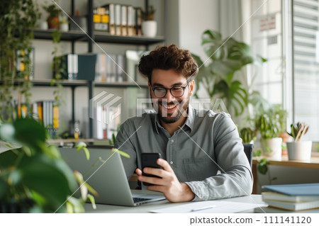 AI-generated content. Businessman in office connected on internet network with a laptop. Generative AI 111141120