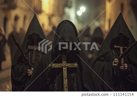 nazarenes with black hoods in a procession during holy week. Ai generative 111141154