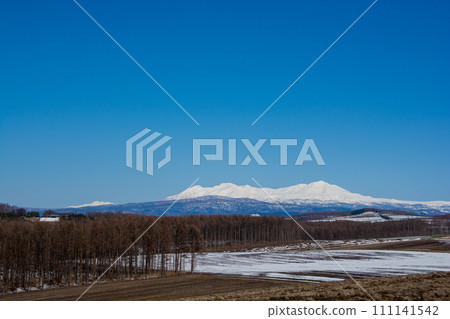 Spring upland field and snowy mountains where snow remains Daisetsuzan Spring upland field and snowy mountains where snow remains Daisetsuzan 111141542