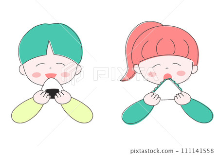 A boy eating a rice ball and a girl eating a sandwich 111141558