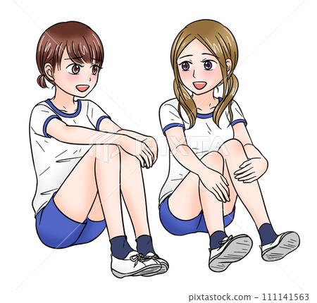 Two high school girls in gym uniforms are sitting and talking happily Two high school girls in gym uniforms are sitting and talking happily 111141563