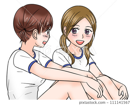 Two high school girls in gym clothes, sitting and talking happily, upper body Two high school girls in gym clothes, sitting and talking happily, upper body 111141567