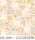 Cute endless pattern in pastel colors with bunnies and flowers 111141836