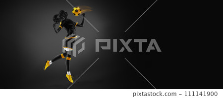 Competitive young woman, soccer player in uniform in motion, playing over dark background. Yellow elements. Monochrome Competitive young woman, soccer player in uniform in motion, playing over dark background. Yellow elements. Monochrome 111141900