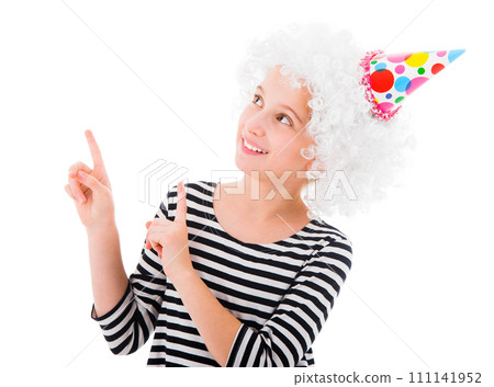 Beautiful teenage girl in snowy white color wig points up showing something isolated on white background 111141952