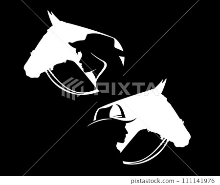 cowboy and cowgirl profile head with horse black and white vector portrait 111141976