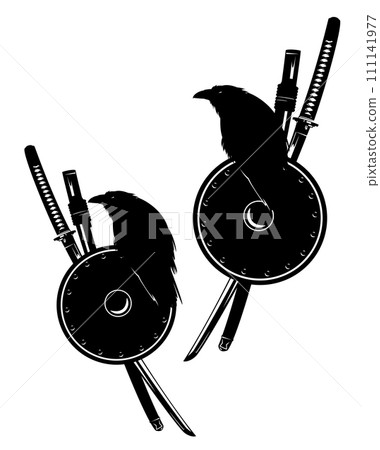 samurai katana sword and shield with black raven bird vector design set samurai katana sword and shield with black raven bird vector design set 111141977