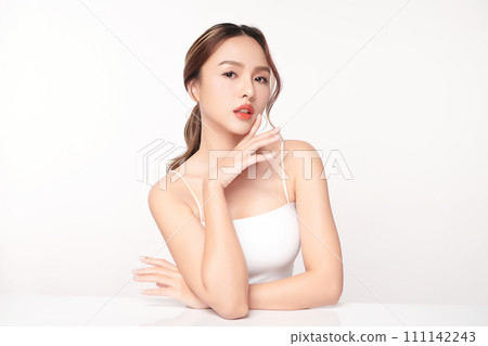 Beautiful young asian woman with clean fresh skin on white background, Face care, Facial treatment, Cosmetology, beauty and spa, Asian women portrait. 111142243