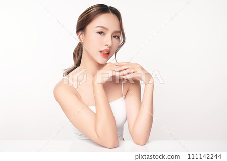 Beautiful young asian woman with clean fresh skin on white background, Face care, Facial treatment, Cosmetology, beauty and spa, Asian women portrait. 111142244
