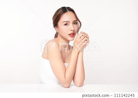 Beautiful young asian woman with clean fresh skin on white background, Face care, Facial treatment, Cosmetology, beauty and spa, Asian women portrait. Beautiful young asian woman with clean fresh skin on white background, Face care, Facial treatment, Cosmetology, beauty and spa, Asian women portrait. 111142245