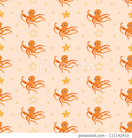 Cute orange octopus seamless pattern in cartoon style. For print, wrapping paper and wallpaper design. Vector illustration Cute orange octopus seamless pattern in cartoon style. For print, wrapping paper and wallpaper design. Vector illustration 111142410