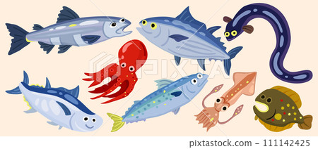 Vector cute set of marine animals. Salmon, bonito, freshwater eel, tuna, octopus, mackerel, squid, flounder. 111142425