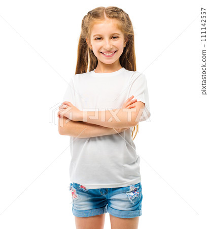 Smiling little girl in blank white t-shirt with space for logo Smiling little girl in blank white t-shirt with space for logo 111142557