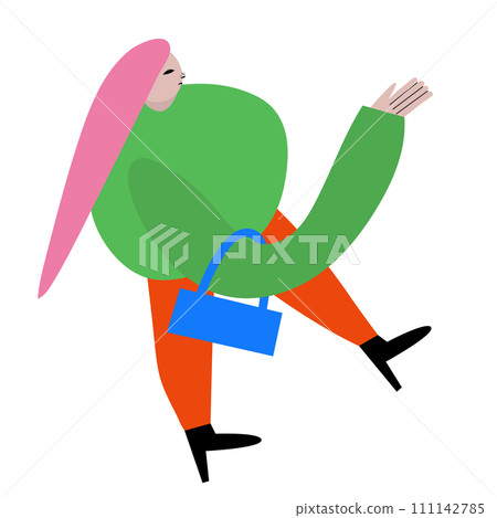 Modern artwork. Glamour dressed woman walking. Cute character against white background. Cartoon style. Hand drawn Vector illustration. Modern artwork. Glamour dressed woman walking. Cute character against white background. Cartoon style. Hand drawn Vector illustration. 111142785