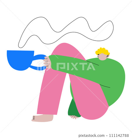 Modern artwork. Young man sitting and drinking hot warming drink. Cute character against white background. Cartoon style. Hand drawn Vector illustration. 111142788