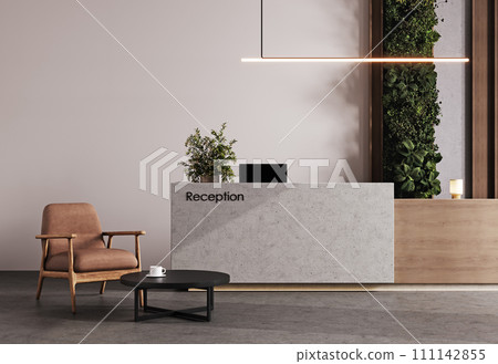 Modern hall interior with reception desk in hotel with wood panel and moss wall, concrete floor, fitness center front desk, 3d rendering 111142855