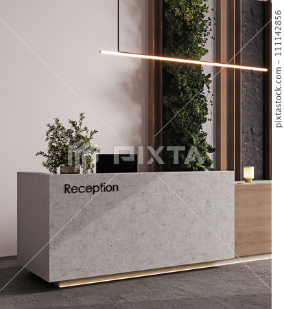Reception desk and view on hallway in modern hotel, fitness center front desk, 3d rendering Reception desk and view on hallway in modern hotel, fitness center front desk, 3d rendering 111142856