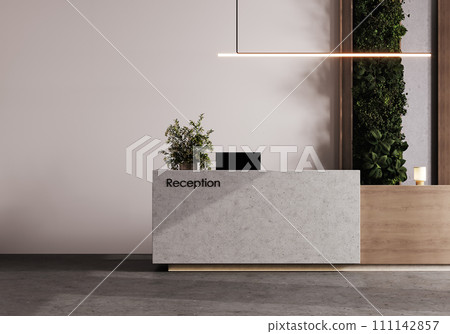 Reception desk and view on hallway in modern hotel, mockup front view, 3d rendering 111142857