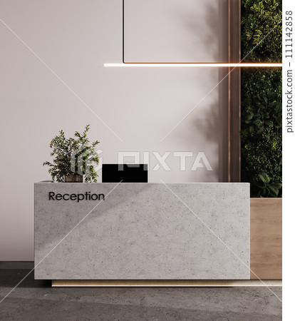 Concrete reception counter in modern room with light white walls. Blank registration desk in hotel, spa or office. Reception mock up with copy space for branding, logo, 3D rendering 111142858
