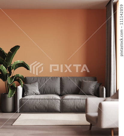 Stylish  living room interior with gray sofa mock up, modern interior background, empty peach fuzz wall mockup, 3d illustration 111142859