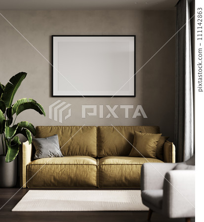 Poster horizontal frame mock up in home living room interior with yellow sofa and plant, 3d render Poster horizontal frame mock up in home living room interior with yellow sofa and plant, 3d render 111142863