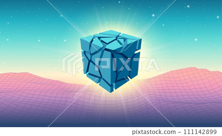 Mint blue 3D cube with cracks and particles soaring over the pink landscape in y2k or vaporwave style, surreal composition 111142899