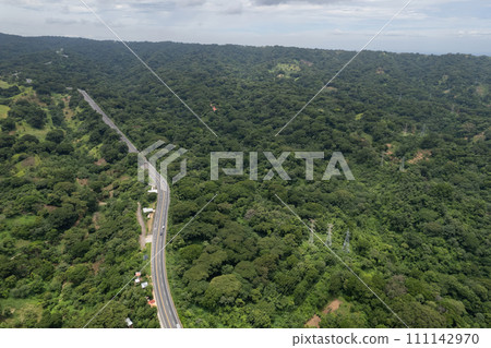 Green landscape with highway road and electrical tower 111142970