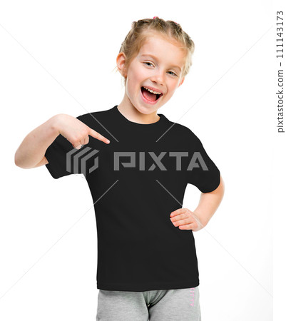 Cute little girl on black t-shirt isolated on a white background, mock up 111143173
