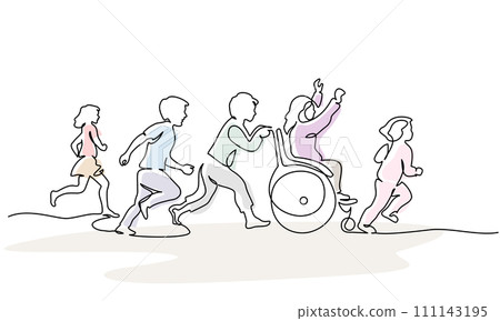 Happy disabled girl and healthy children run together outdoor Happy disabled girl and healthy children run together outdoor 111143195