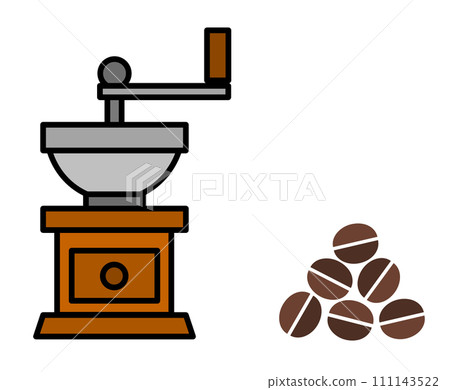 Illustration of a coffee mill that grinds luxury coffee beans into powder Illustration of a coffee mill that grinds luxury coffee beans into powder 111143522