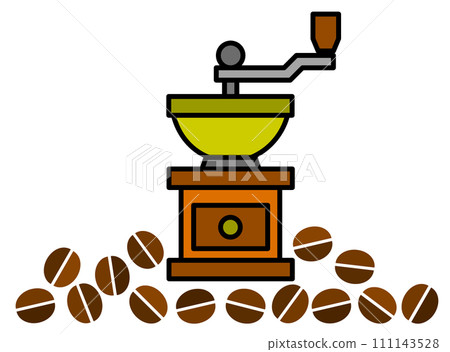 Illustration of a coffee mill that grinds luxury coffee beans into powder Illustration of a coffee mill that grinds luxury coffee beans into powder 111143528