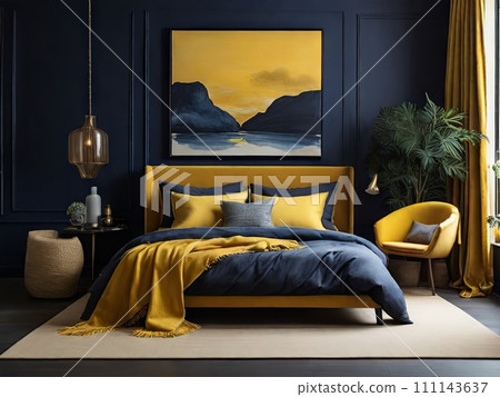 AI-generated content. modern hotel room in dark blue and yellow shades 111143637
