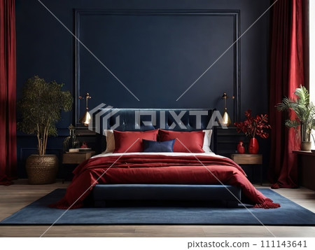 AI-generated content. contemporary modern bedroom in dark blue red colors 111143641