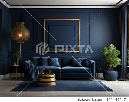 AI-generated content. modern dark blue hotel lobby with sofa AI-generated content. modern dark blue hotel lobby with sofa 111143647