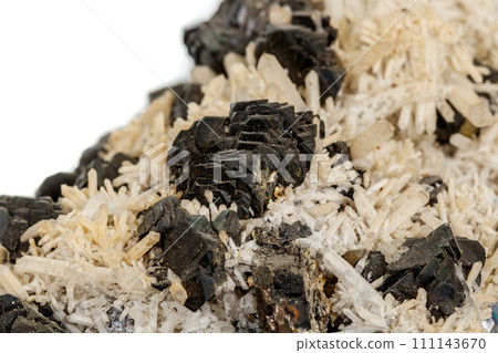 Macro stone mineral Pyrrhotite, quartz, Sphalerite, calcite, Galena on white background 111143670