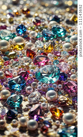 Abstract background with precious stones, colorful crystals and pearls on the seashore. 111143692