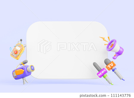 White banner with tv news microphone, video camera, voice recorder and loudspeaker icons 3d render. Empty board for media announcement of press conference, interview or public event. 3D illustration White banner with tv news microphone, video camera, voice recorder and loudspeaker icons 3d render. Empty board for media announcement of press conference, interview or public event. 3D illustration 111143776