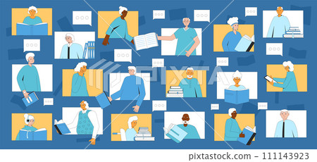 Senior book club online. Online library for elderly people reading together and communication remote 111143923