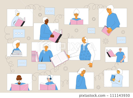 Exchange book or swap for senior people. Online library event with elderly men and women. Exchange book or swap for senior people. Online library event with elderly men and women. 111143930