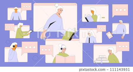 Retirement book community. Online library event for elderly people. Men and women reading together remote. Retirement book community. Online library event for elderly people. Men and women reading together remote. 111143931
